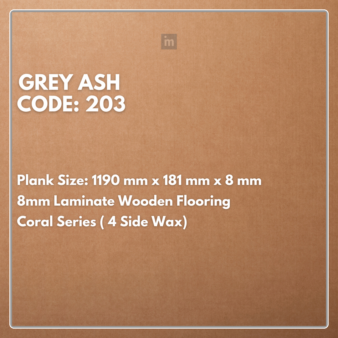 203 - GREY ASH - 1190MM X 181MM X 8MM - CORAL SERIES - LAMINATE WOODEN FLOORING