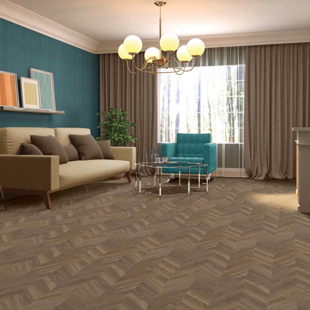 1884 - MILK CHOCOLATE -  8MM - CHEVRON COLLECTION - MATT SURFACE - REAL WOOD - LAMINATE FLOORING