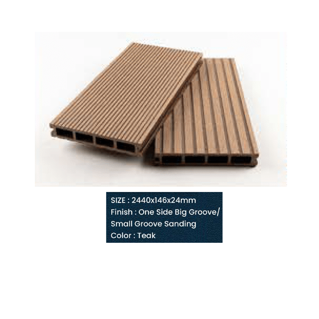 WPC Floor Decking | Groove sanding | Colours: Teak, Walnut, Grey, Wenge | Size: 2440 x 146 x 24mm