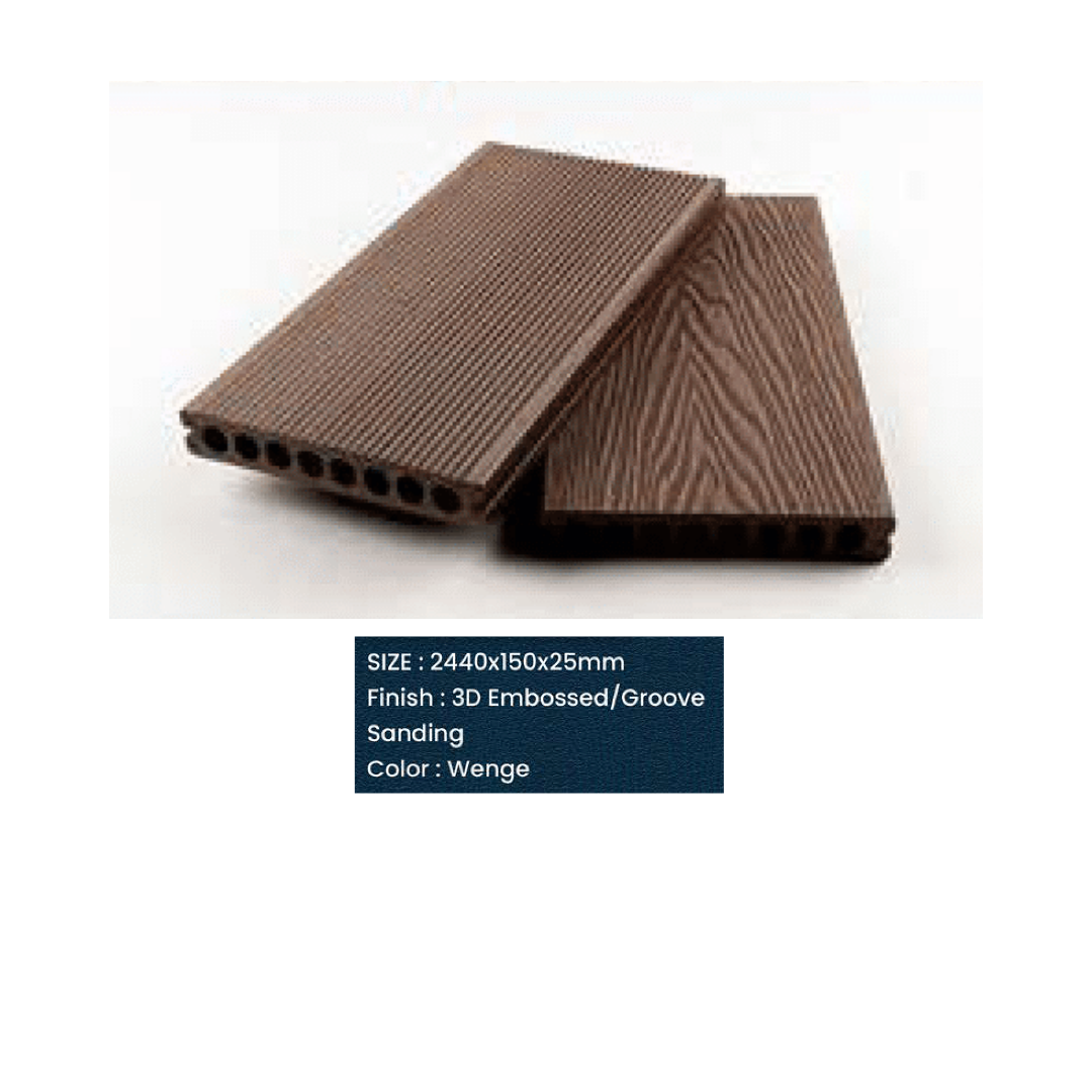 WPC Floor Decking 3D Embossed | Groove sanding| Colours: Teak, Walnut, Grey, Wenge | Size: 2440 x 150 x 25mm