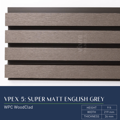 VPEX 5: SUPER MATT ENGLISH GREY / WPC WOODCLAD / ACP BASED LOUVERS / 9 FT x 219 MM x 26 MM