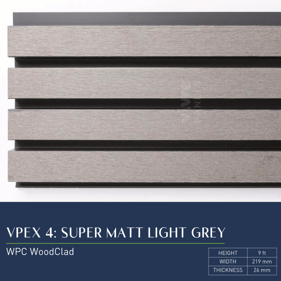 VPEX 4: SUPER MATT LIGHT GREY / WPC WOODCLAD / ACP BASED LOUVERS / 9 FT x 219 MM x 26 MM