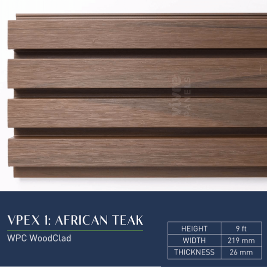 VPEX 1: AFRICAN TEAK / WPC WOODCLAD / ACP BASED LOUVERS / 9 FT x 219 MM x 26 MM