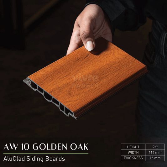 AW 10: GOLDEN OAK / ALUCLAD SIDING BOARDS / ACP BASED LOUVERS / 9 FT x 114 MM x 16 MM