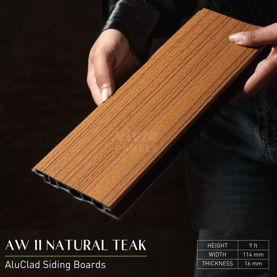 AW 11: NATURAL TEAK / ALUCLAD SIDING BOARDS / ACP BASED LOUVERS / 9 FT x 114 MM x 16 MM