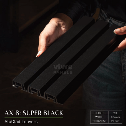 AX 8: SUPER BLACK / ALUCLAD LOUVERS / ACP BASED LOUVERS / 9 FT x 135 MM x 20 MM