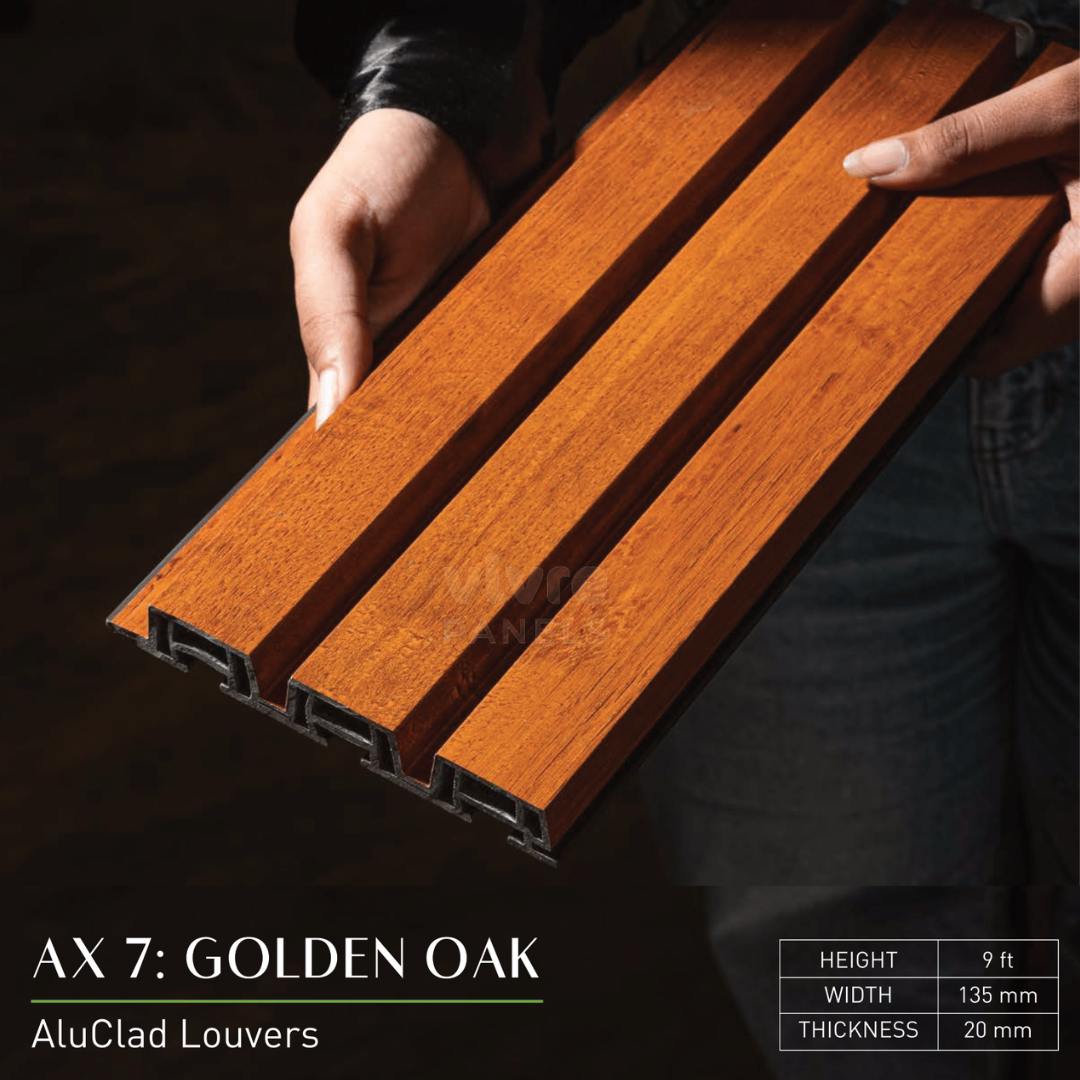 AX 7: GOLDEN OAK / ALUCLAD LOUVERS / ACP BASED LOUVERS / 9 FT x 135 MM x 20 MM