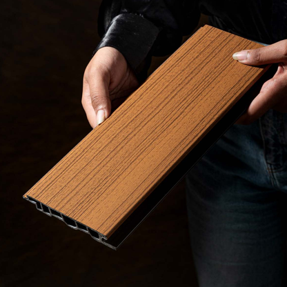 AW 11: NATURAL TEAK / ALUCLAD SIDING BOARDS / ACP BASED LOUVERS / 9 FT x 114 MM x 16 MM