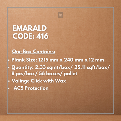 416 - EMARALD - AC5 1215MM X 240MM X 12MM -  RUSTIC ROYAL OAK COLLECTION - LAMINATE FLOORING