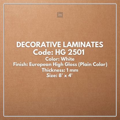 HG 2501 WHITE / EUROPEAN HIGH GLOSS / PLAIN COLOR / DECORATIVE LAMINATE / THINK LUXURY  - 1MM - 8FT x 4FT