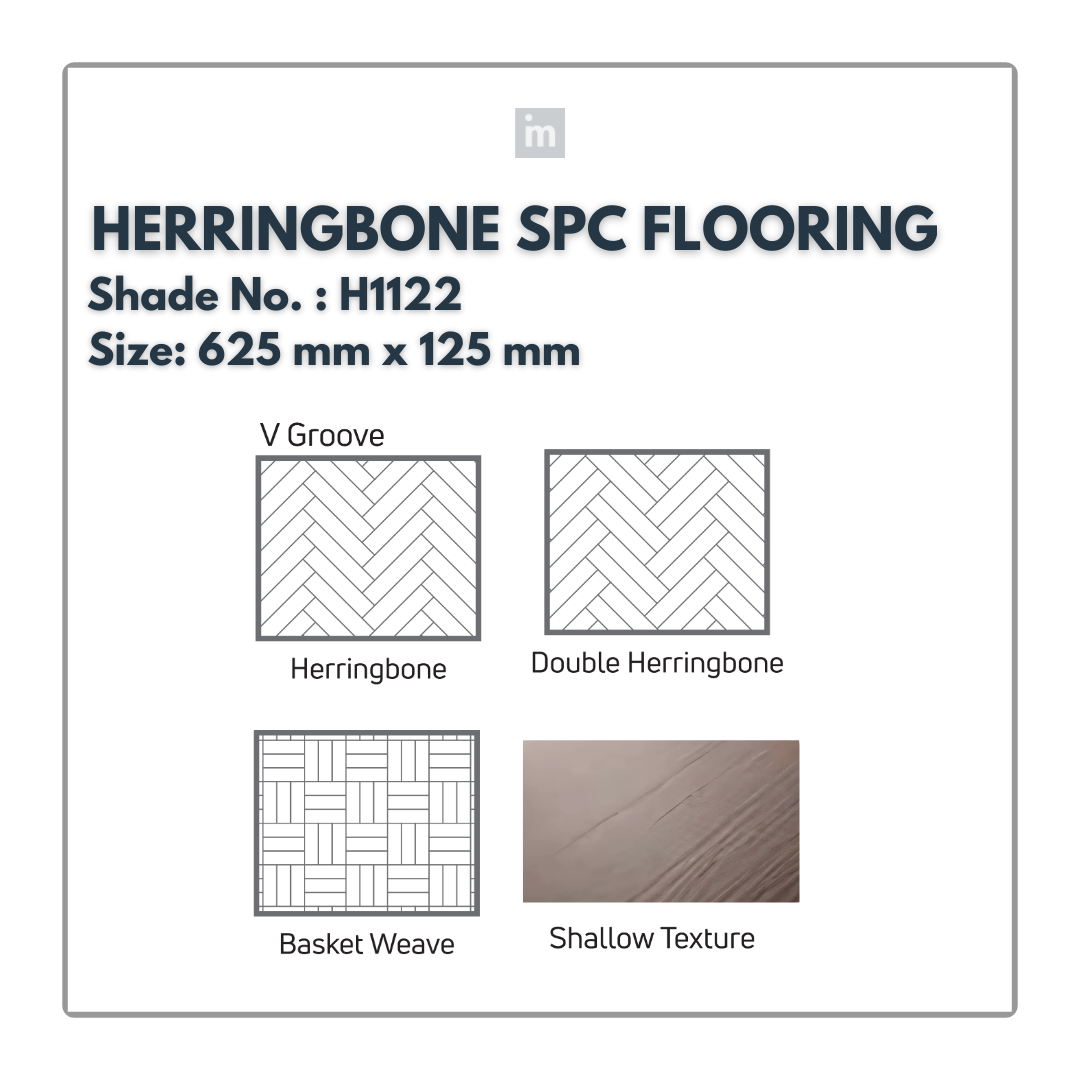 H 1122 - HERRINGBONE / DOUBLE HERRINGBONE / BASKET WEAVE / SHALLOW TEXTURE - SPC HERRINGBONE FLOORING - 625MM X 125MM X 0.3/5 + 1MM  - STUPA - SPC COLLECTION - FLOORING