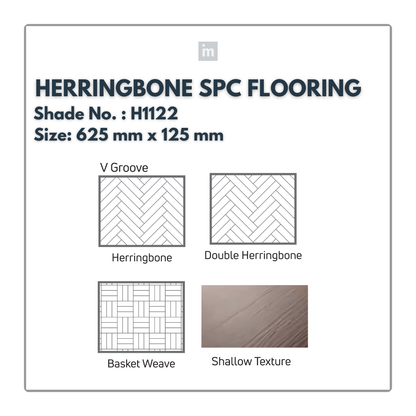 H 1122 - HERRINGBONE / DOUBLE HERRINGBONE / BASKET WEAVE / SHALLOW TEXTURE - SPC HERRINGBONE FLOORING - 625MM X 125MM X 0.3/5 + 1MM  - STUPA - SPC COLLECTION - FLOORING