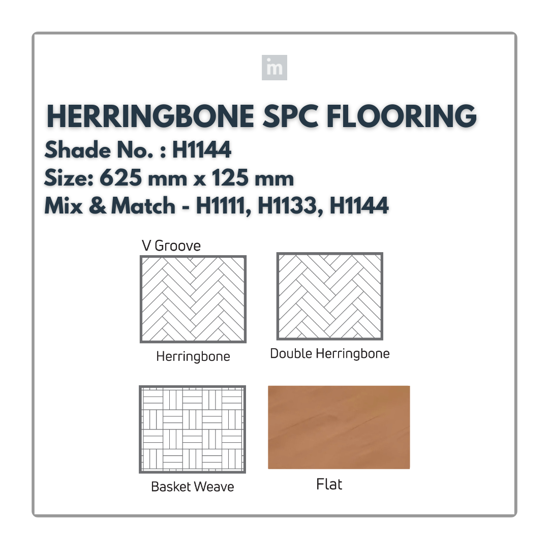 H 1144 - HERRINGBONE / DOUBLE HERRINGBONE / BASKET WEAVE / FLAT - SPC HERRINGBONE FLOORING - 625MM X 125MM X 0.3/5 + 1MM  - STUPA - SPC COLLECTION - FLOORING