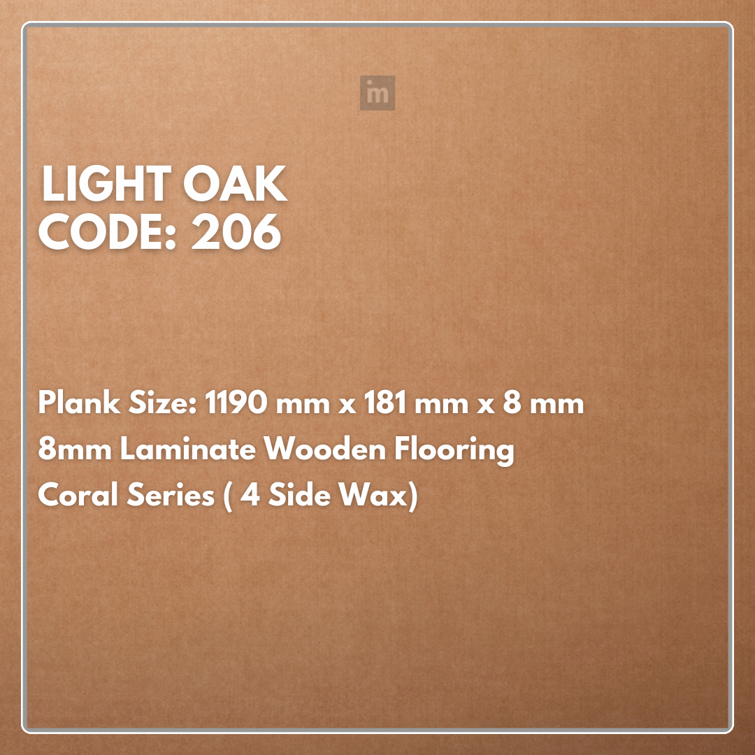 206 - LIGHT OAK - 1190MM X 181MM X 8MM - CORAL SERIES - LAMINATE WOODEN FLOORING