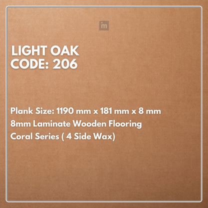 206 - LIGHT OAK - 1190MM X 181MM X 8MM - CORAL SERIES - LAMINATE WOODEN FLOORING