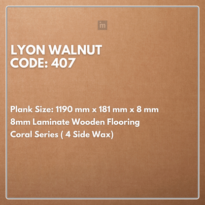 407 - LYON WALNUT - 1190MM X 181MM X 8MM - CORAL SERIES - LAMINATE WOODEN FLOORING