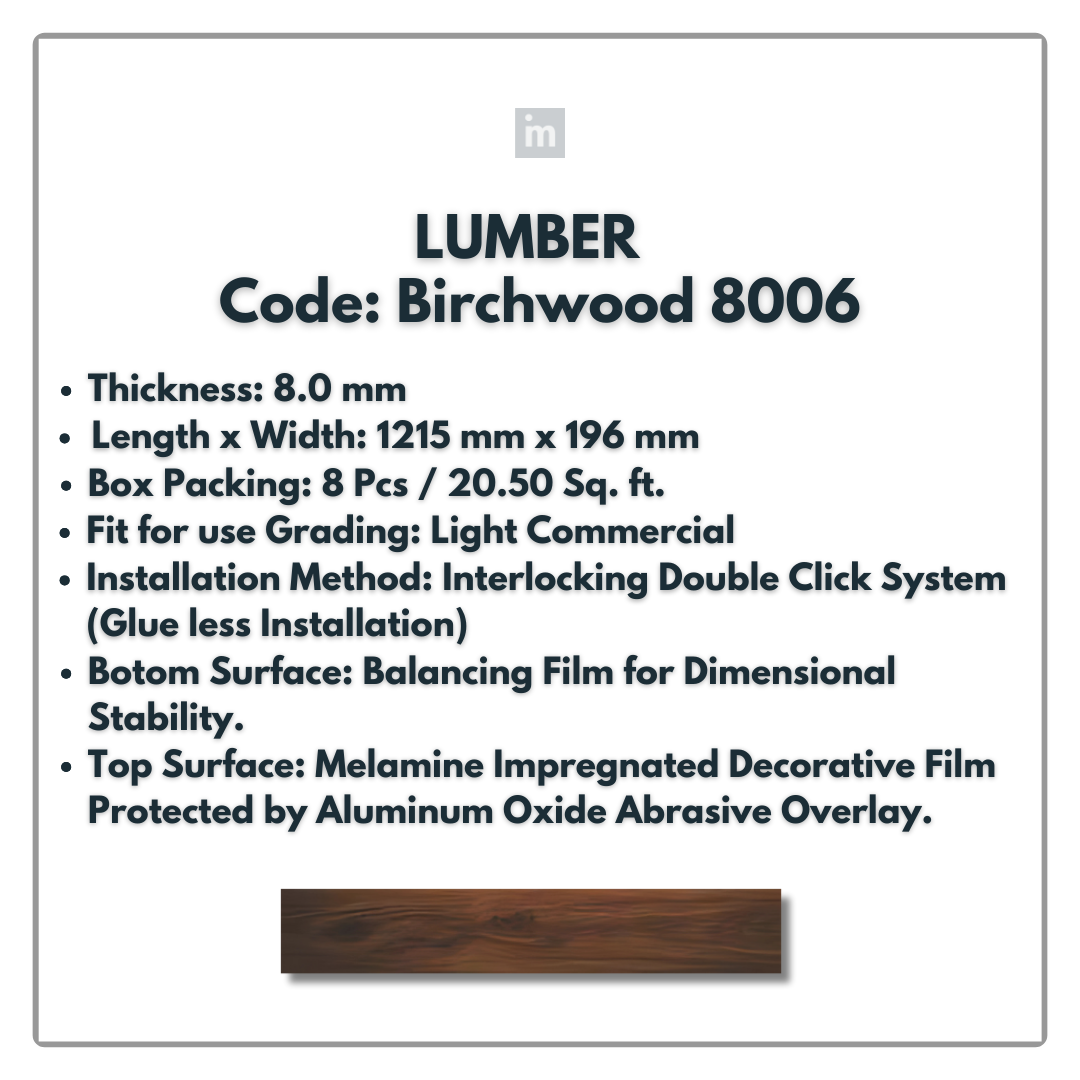 8006 - BIRCHWOOD- LUMBER - 1215MM X 196MM X 8.0MM  - WOODEN FLOORING -  SOLUTIA - FLOORING