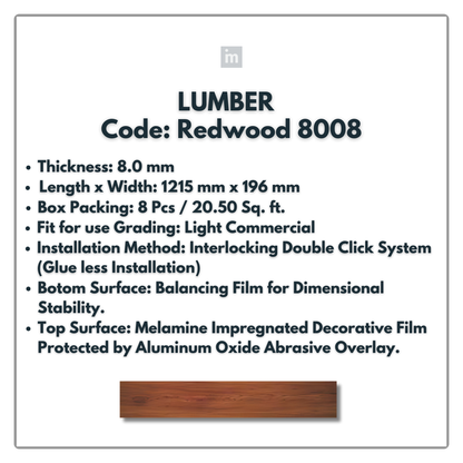 8008 - REDWOOD - LUMBER - 1215MM X 196MM X 8.0MM  - WOODEN FLOORING -  SOLUTIA - FLOORING