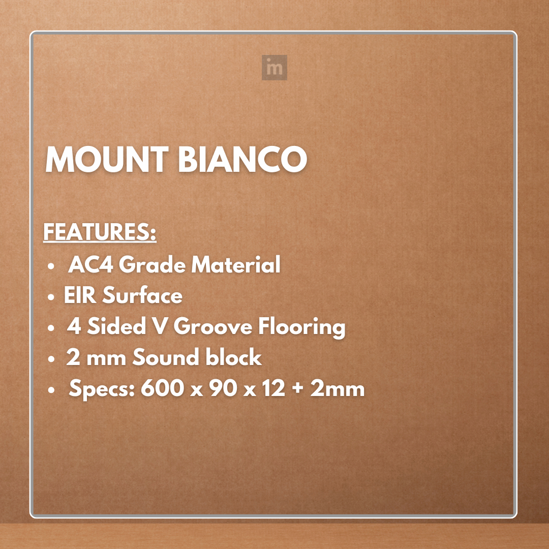 MOUNT BIANCO - AC4 600MM X 90MM X 12 + 2MM - V GROOVE FLOORING - ELITE HERRINGBONE COLLECTION - FLOORING