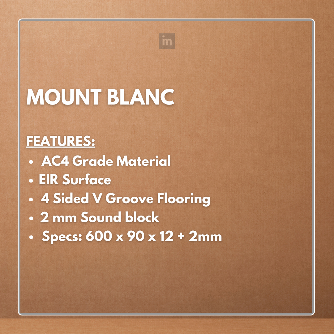 MOUNT BLANC - AC4 600MM X 90MM X 12 + 2MM - V GROOVE FLOORING - ELITE HERRINGBONE COLLECTION - FLOORING