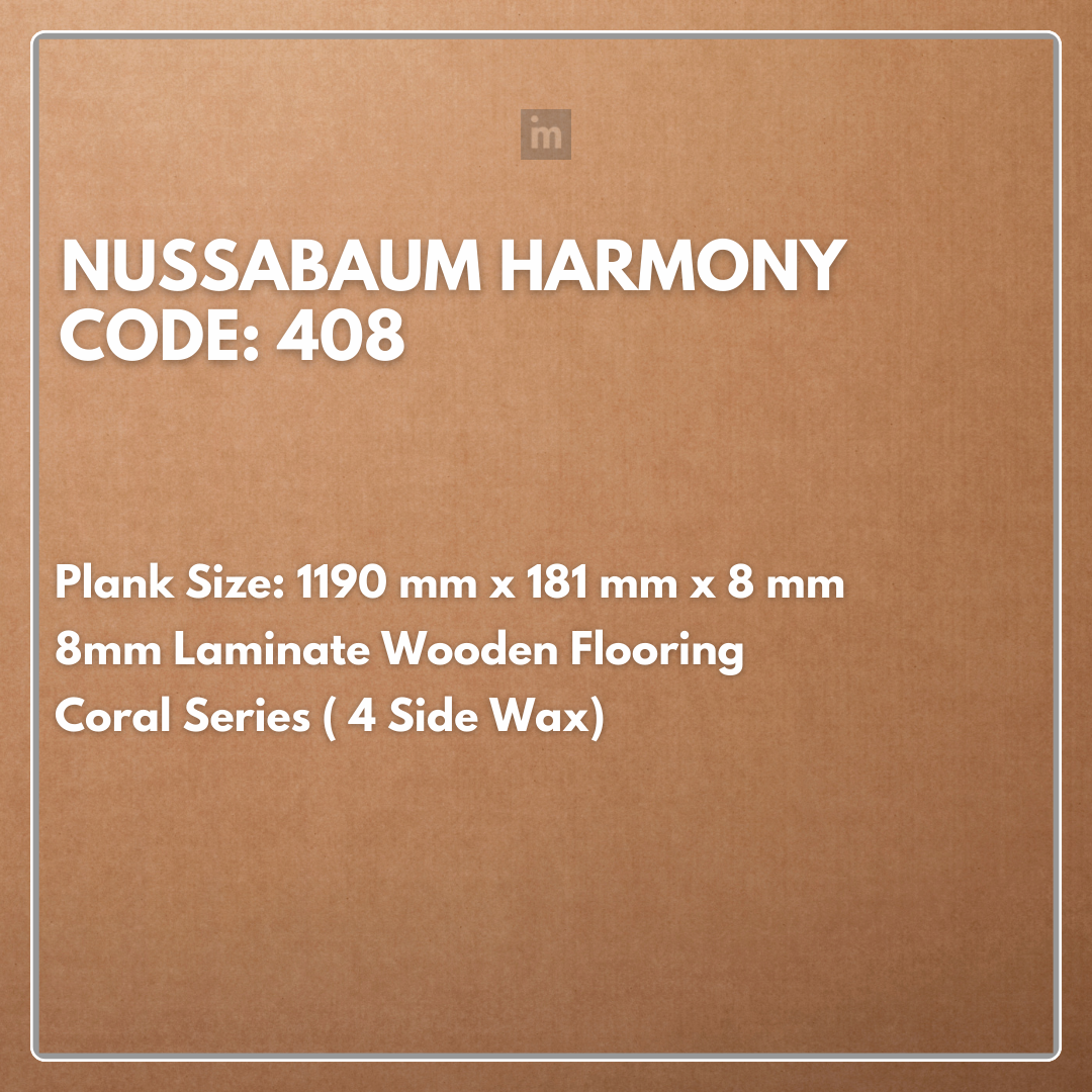 408 - NUSSABAUM HARMONY - 1190MM X 181MM X 8MM - CORAL SERIES - LAMINATE WOODEN FLOORING