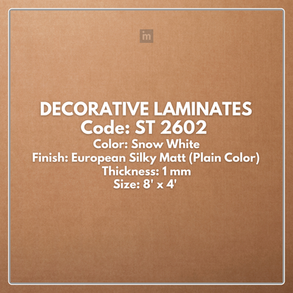 ST 2602 SNOW WHITE / EUROPEAN SILKY MATT / PLAIN COLOR / DECORATIVE LAMINATE / THINK LUXURY  - 1MM - 8FT x 4FT
