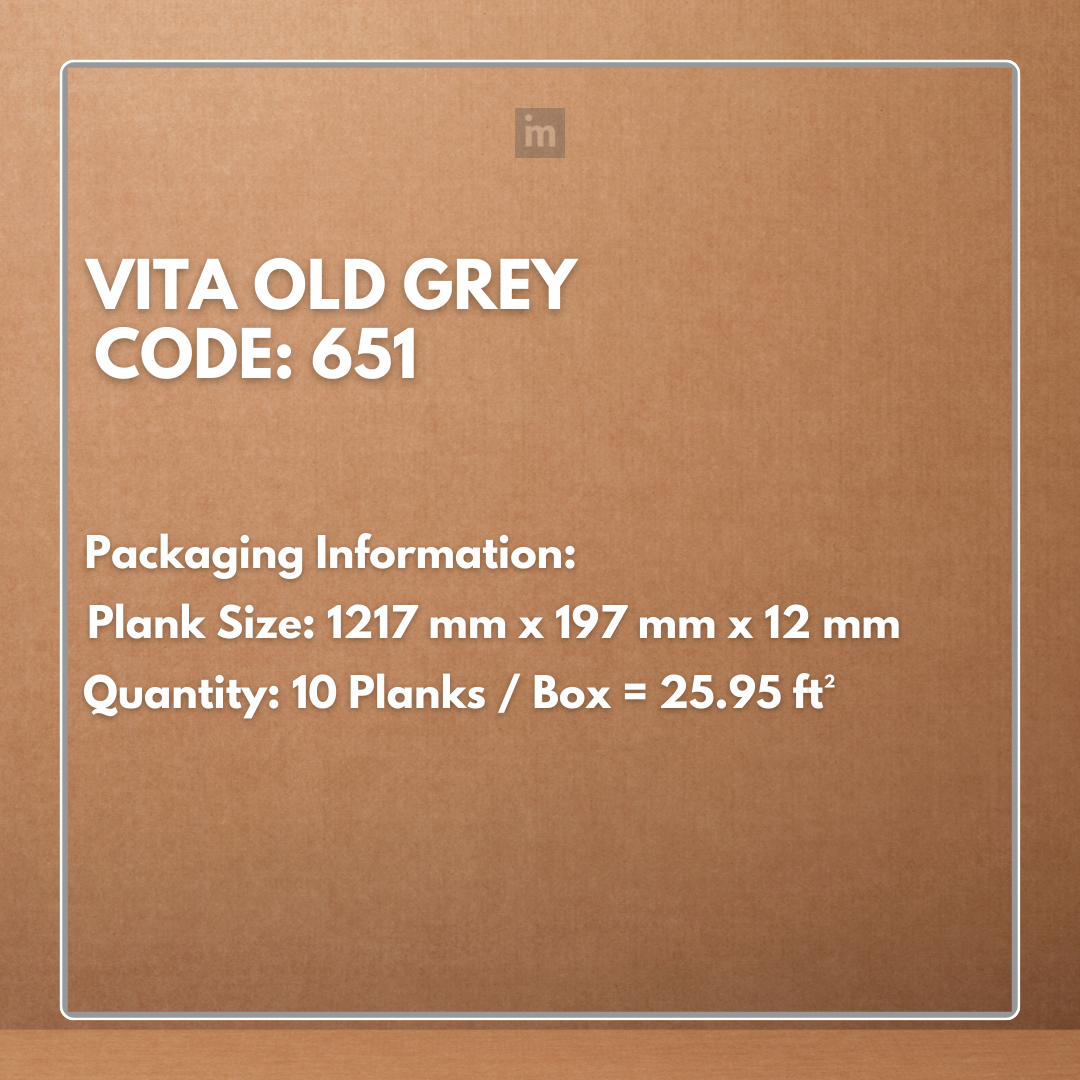 651 - VITA OLD GREY - AC5 1217MM X 197MM X 12MM - RADIANT - LAMINATE WOODEN FLOORING